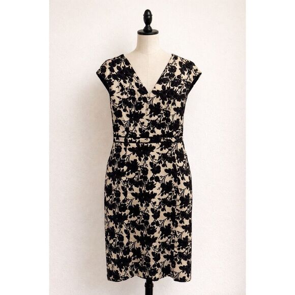 Tory Burch Dresses & Skirts - Tory Burch Women’s Black Floral Sheath Dress Size 12 Beige Flocked Cotton